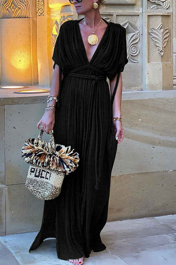 Kiara - Rochie maxi din amestec de in în stil grec cu împletituri și fante