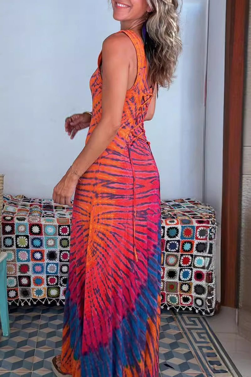 Chloe - Rochii sexy de vacanță cu imprimeu batik și design cu bretele și decolteu rotund contrastant