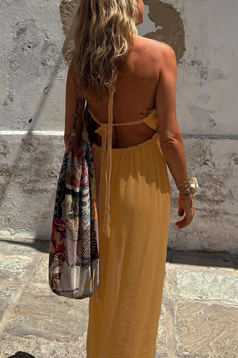 Lila - Rochie sexy de vacanță, simplă, cu bretele și fante neregulate