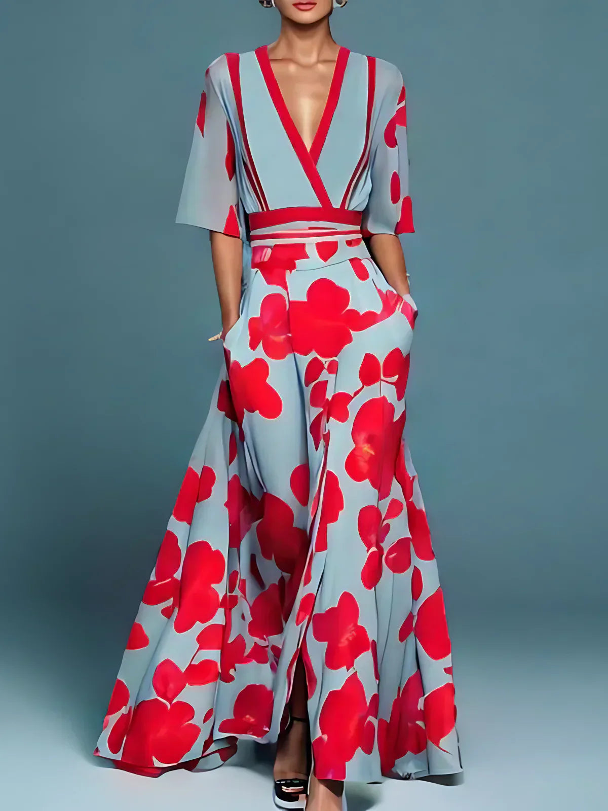 Tiara - Rochie Maxi cu Decolteu în V și Flori