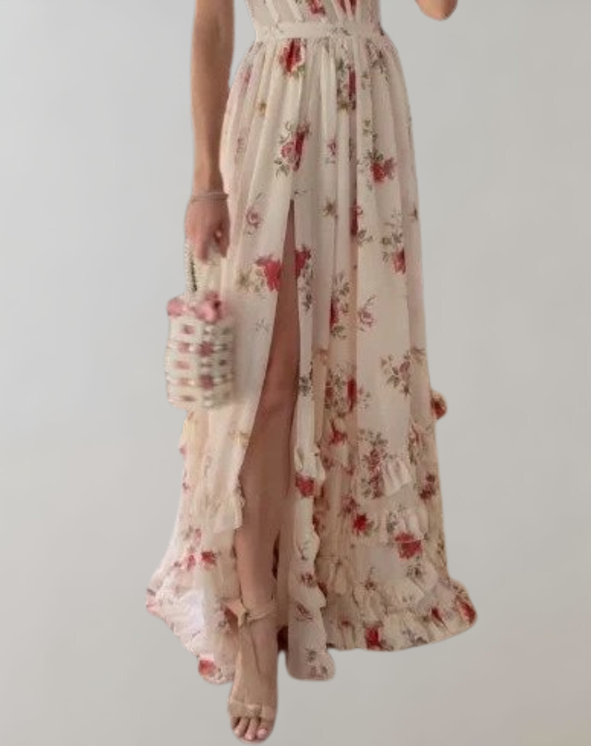 Elva - Rochie fără mâneci, ajustată, cu imprimeu floral și fante sexy