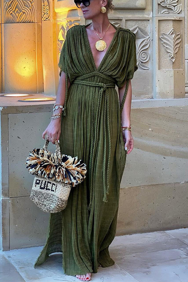 Kiara - Rochie maxi din amestec de in în stil grec cu împletituri și fante